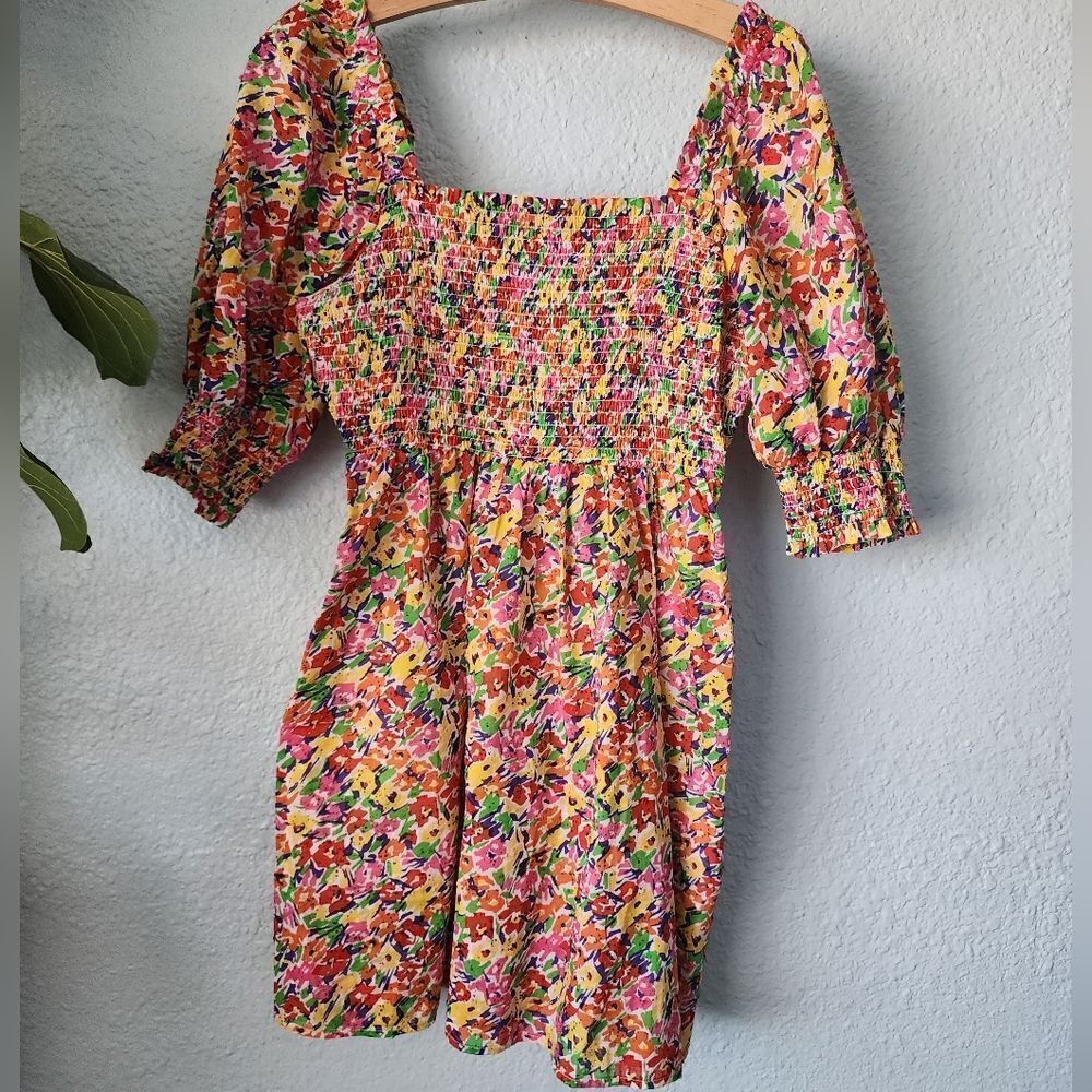 Rixo smocking top puff sleeve side pockets floral mini dress